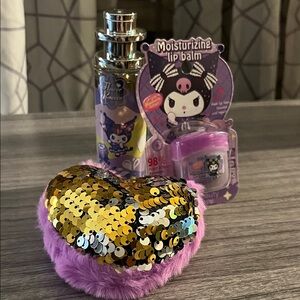 Keromi perfume, lip balm, and purple soft/sequin heart keychain bundle